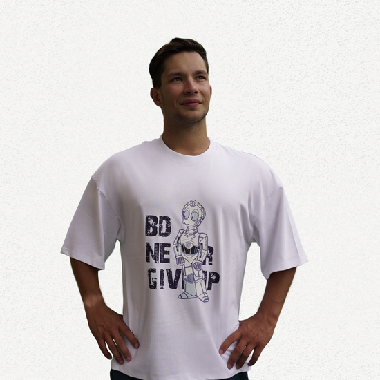 Never Give Up Robot Edition White Oversized T-Shirt